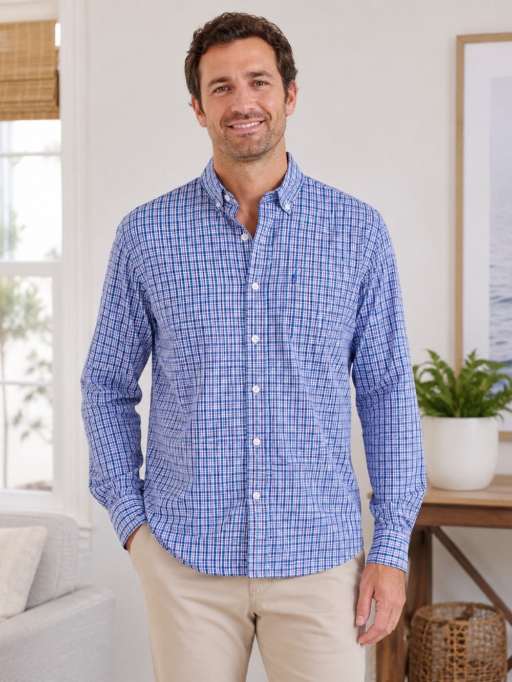 Johnnie-O Hangin’ Out Shirt Men’s Medium Blue Purple Plaid Cotton Button Down